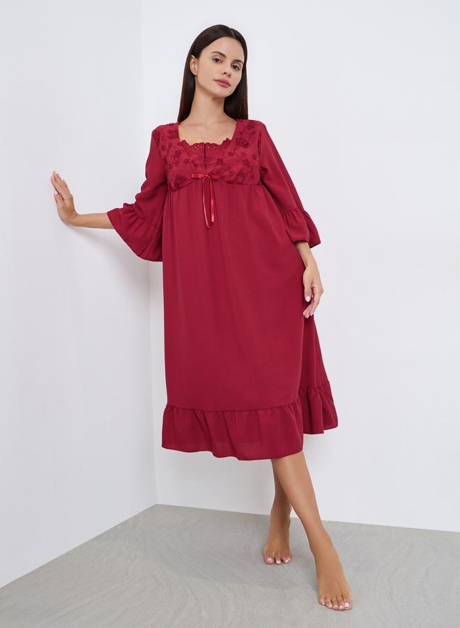 Styli Embroidery Panel 3/4 Sleeve Ruffle Hem Nightdress - Image 1