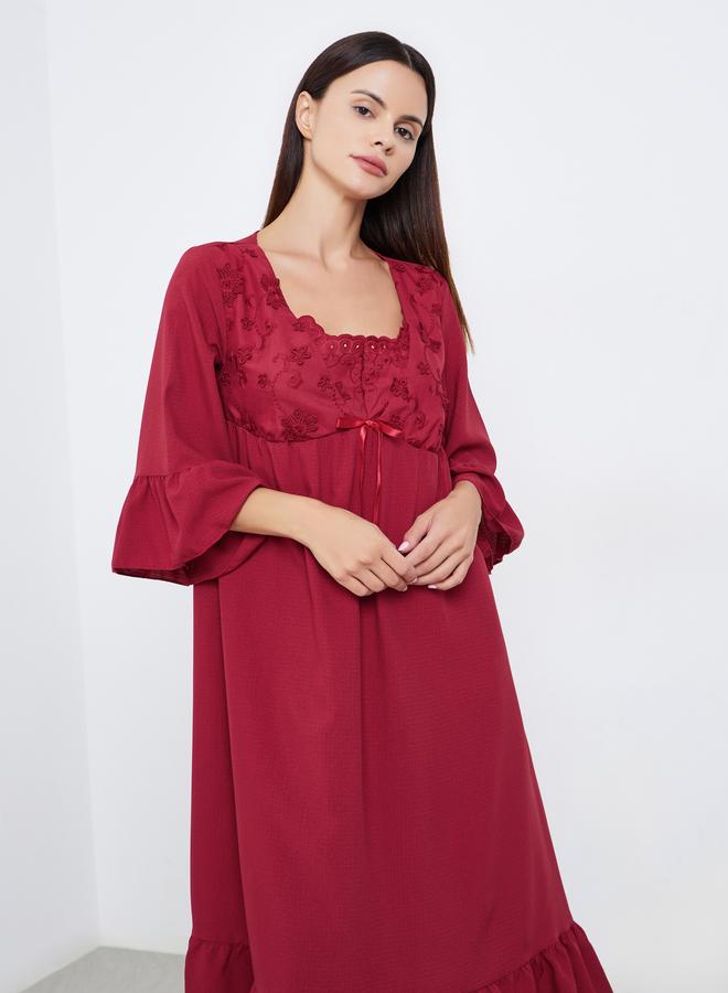 Styli Embroidery Panel 3/4 Sleeve Ruffle Hem Nightdress - Image 2