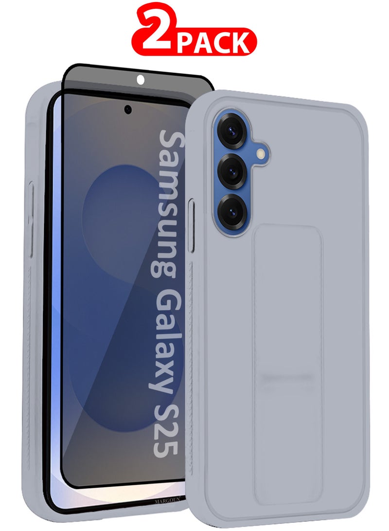 CATANES Galaxy S25 2Packs Case Silicone with Stand Function Finger Grip Case Cover with 1 Shock Proof Screen Protector / Light Grey - Image 1