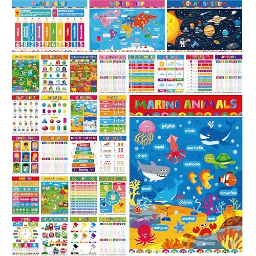 Gethelud 28 Educational Posters for Kids, All-in-One Set Learning Posters-Alphabet, Animals, Multiplication Chart, USA, World Map, Shapes, PET Film Coated School Supplies For Kindergarten, Preschool, Classroom - Image 1