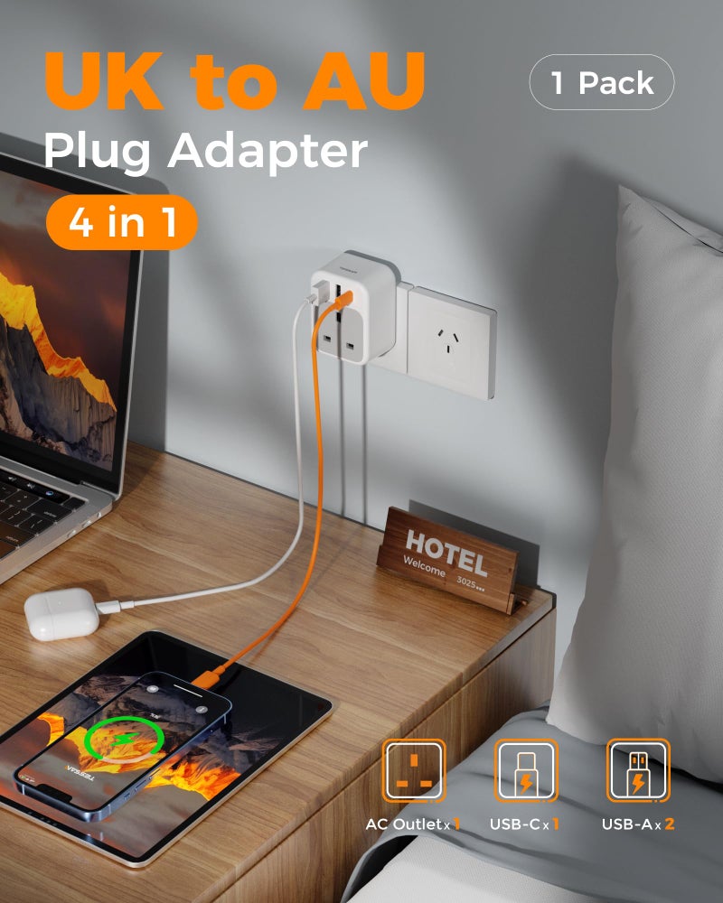 TESSAN UK to Australia Plug Adapter, Australian Travel Adapter with USB C - Image 3