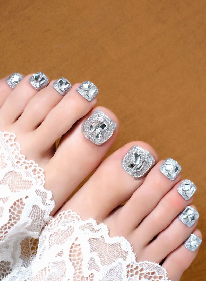 NIBEMINENT 24Pcs Fake Toenails, Press Toenails,12 Size In Box,Short-length Manicure,Sliver Solid Color Shiny Nail Art,Zircon Nail Art,Fake Nail Patch - Image 1