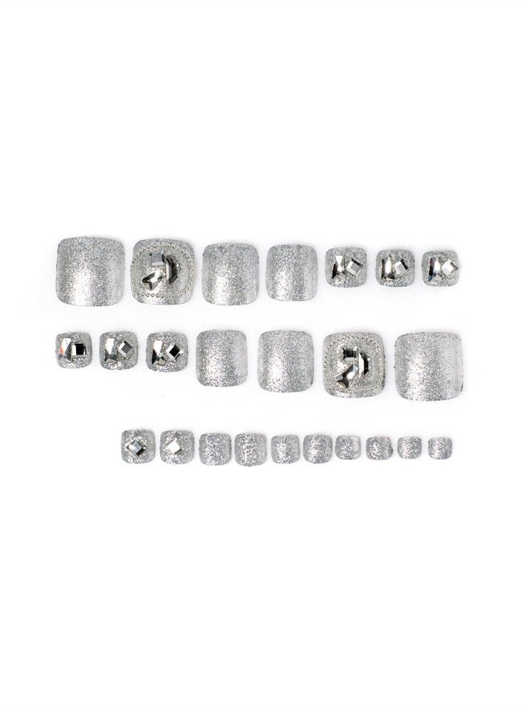 NIBEMINENT 24Pcs Fake Toenails, Press Toenails,12 Size In Box,Short-length Manicure,Sliver Solid Color Shiny Nail Art,Zircon Nail Art,Fake Nail Patch - Image 3