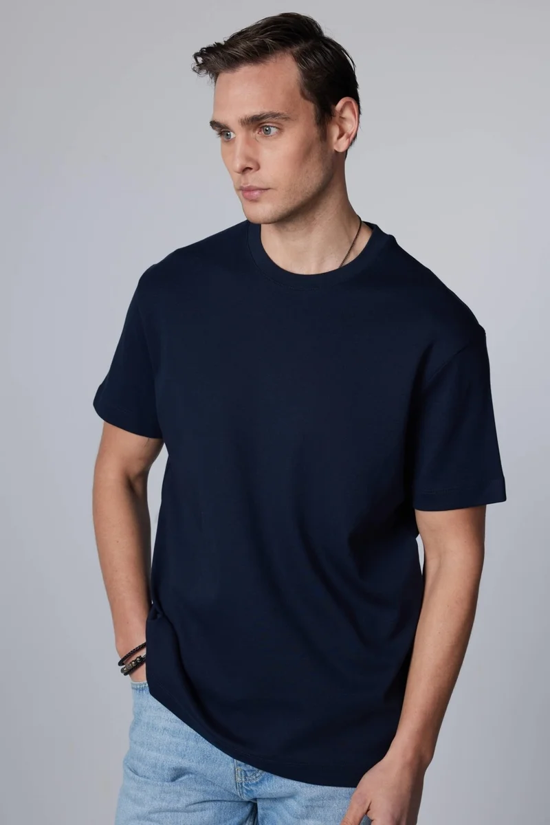 تودورس Relax Fit Comfortable Cut Cotton Soft Textured Basic Crew Neck Navy Blue T-Shirt