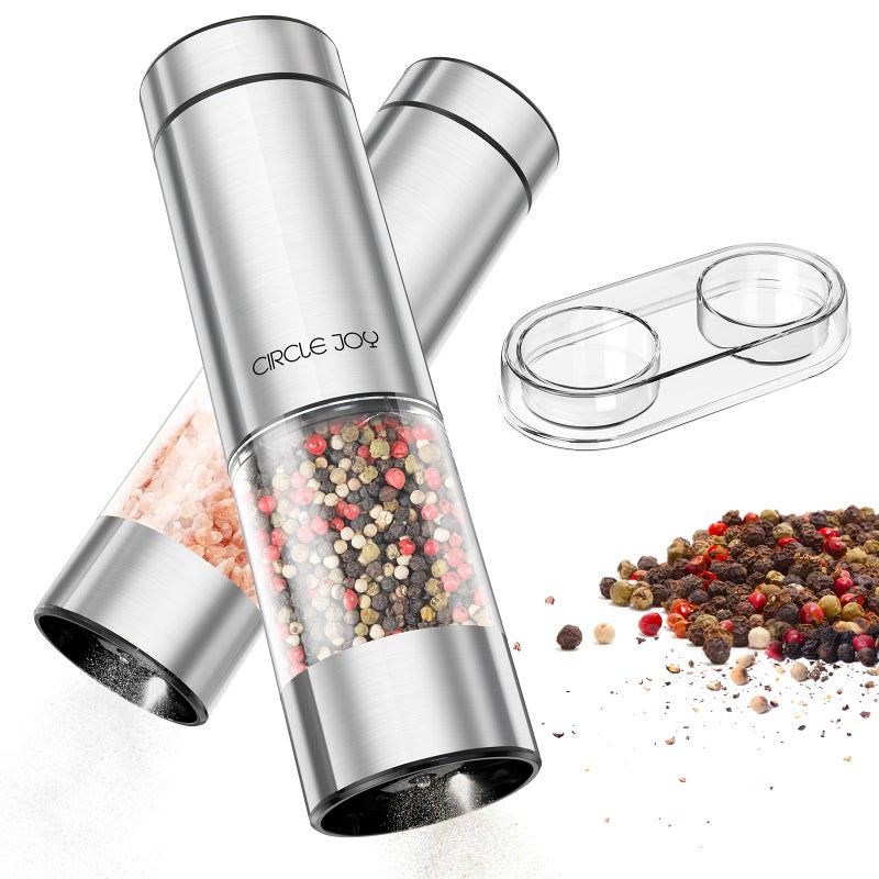 CircleJoy CIRCLE JOY Electric Salt and Pepper Grinder Set Battery Operated Stainless Steel Spice Mills with Base Washable 95ml Transparent Container White LED Light and Adjustable Coarseness Silver