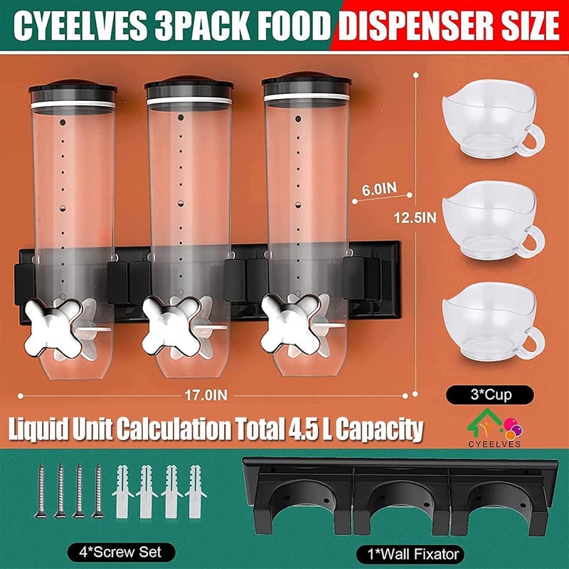 Cyeelves Cereal Dispenser Wall Mounted, Triple Canister Dry Food Dispenser, Wall Mounted Candy Dispensers, Kitchen Grain Container with 3 Cup & Holder for Store Grains Oatmeal Coffee Bean Nut Snack, Black 4.5L - Image 4