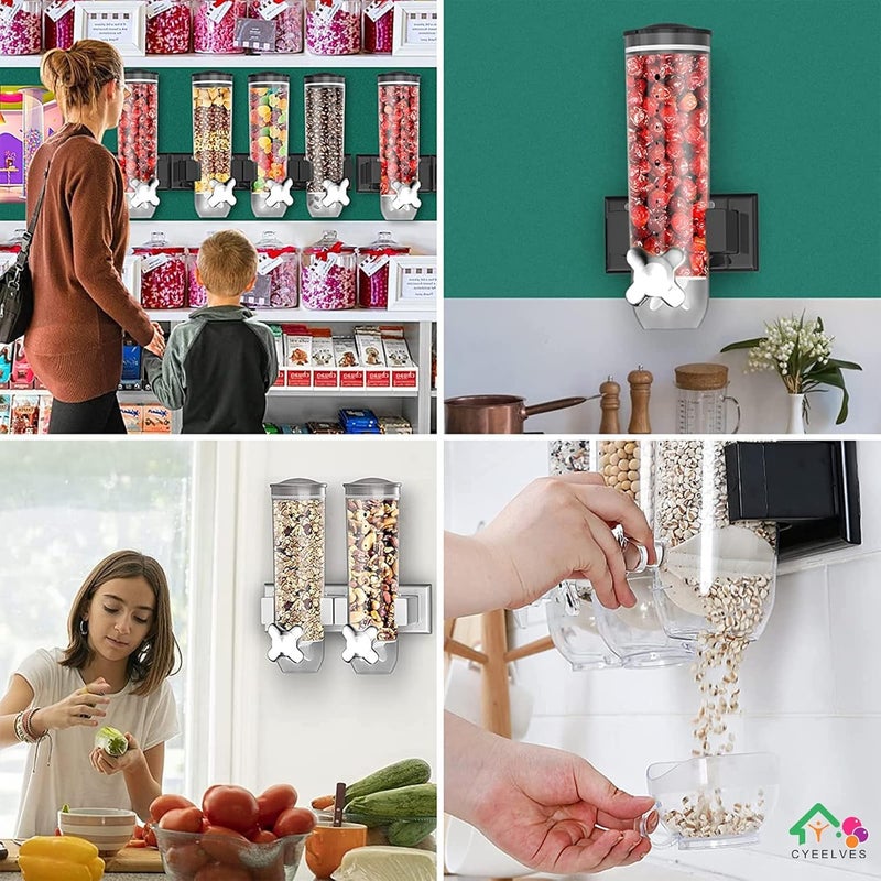 Cyeelves Cereal Dispenser Wall Mounted, Triple Canister Dry Food Dispenser, Wall Mounted Candy Dispensers, Kitchen Grain Container with 3 Cup & Holder for Store Grains Oatmeal Coffee Bean Nut Snack, Black 4.5L - Image 3
