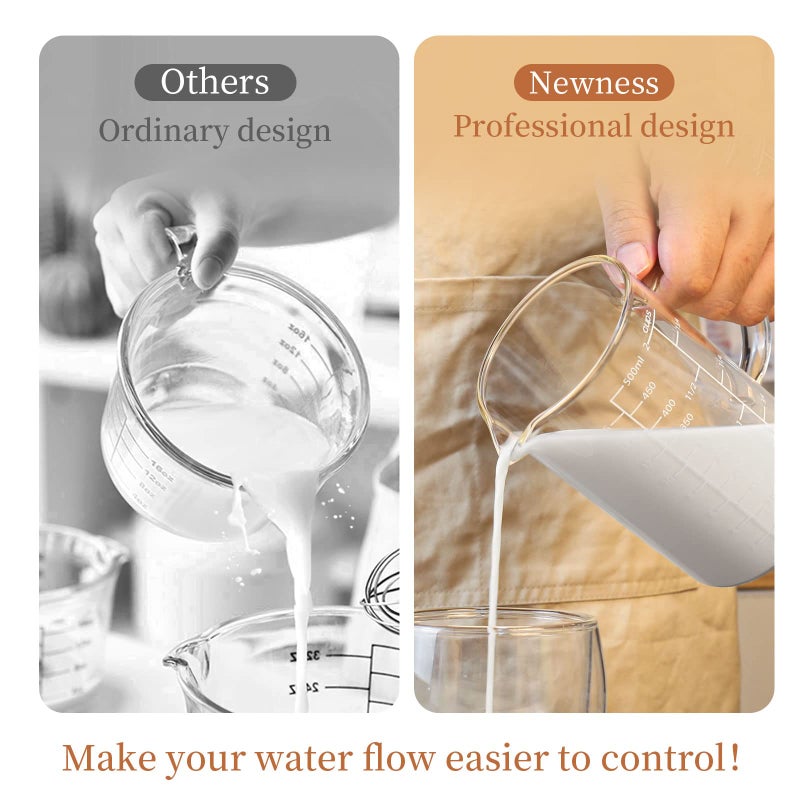 Newness كوب قياس زجاجي جديد مع مقبض، 500 مل (0.5 لتر، 2 كوب) كوب قياس مع ثلاثة مقاييس (أونصة، كوب، مل/سم³) وفوهة على شكل V، بيكر قياس للمطبخ أو المطعم، سهل القراءة - Image 2