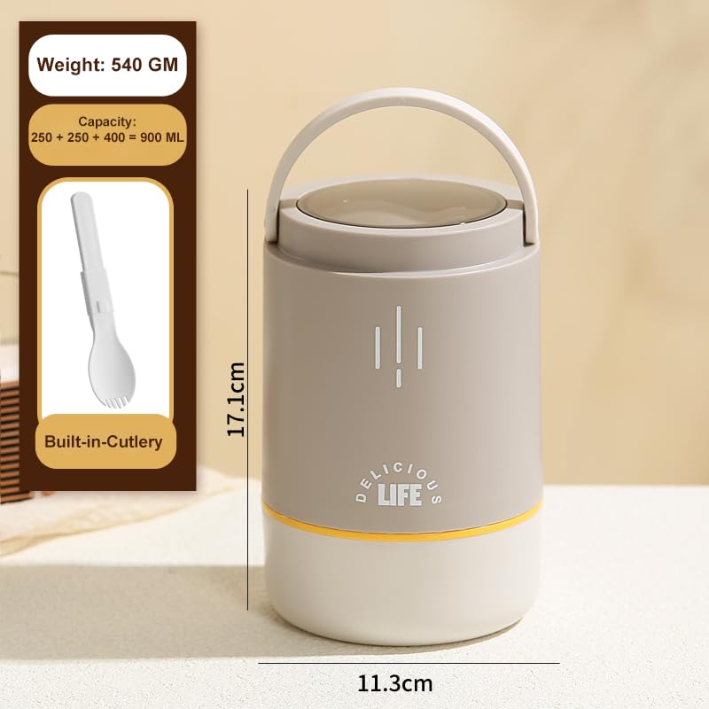 daiDokoro Insulated Stainless Steel Lunch Box with Spoon | 3-Tier Stackable Hot & Cold Leak-Proof Food Container | Portable Tiffin for Office, School & Travel (Vanilla Grey, 900ml) - Image 3