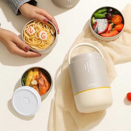 daiDokoro Insulated Stainless Steel Lunch Box with Spoon | 3-Tier Stackable Hot & Cold Leak-Proof Food Container | Portable Tiffin for Office, School & Travel (Vanilla Grey, 900ml) - Image 5