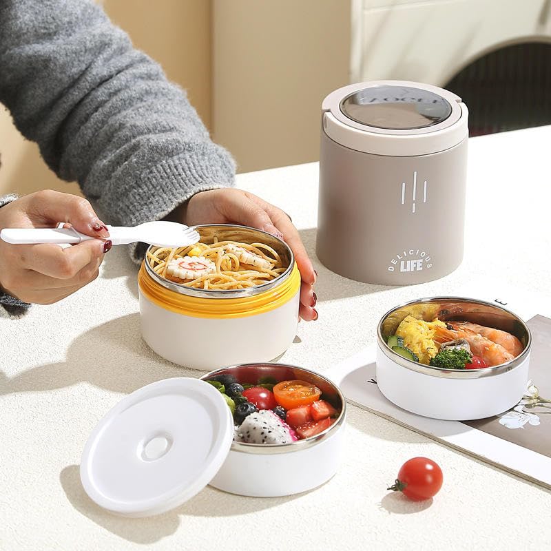daiDokoro Insulated Stainless Steel Lunch Box with Spoon | 3-Tier Stackable Hot & Cold Leak-Proof Food Container | Portable Tiffin for Office, School & Travel (Vanilla Grey, 900ml) - Image 2