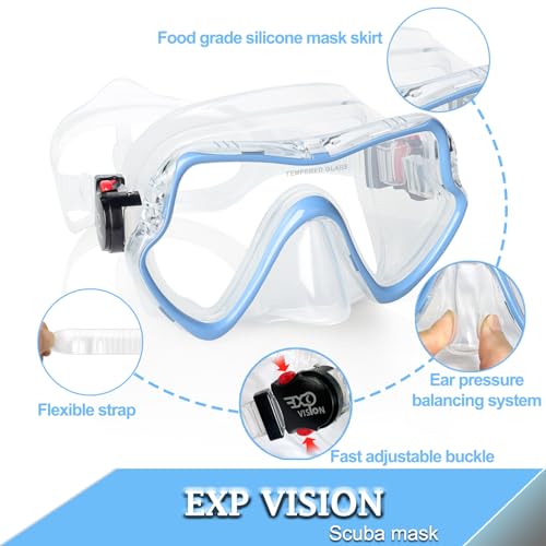 EXP VISION Snorkel Diving Mask, Professional Adults Snorkeling Mask Gear, Ultra Clear Tempered Glass Swim Mask Anti Leakage Swimming Goggles with Nose Cover for Men Women Youth (Aqua Blue) - Image 3
