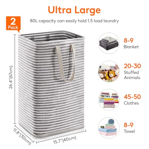 Lifewit 2 Pack Laundry Hamper Large Collapsible Laundry Baskets, Freestanding Waterproof Clothes Hamper with Easy Carry Handles in Laundry Room Bedroom Bathroom College Dorm for Adults, Black, 2 x 80L - Image 4
