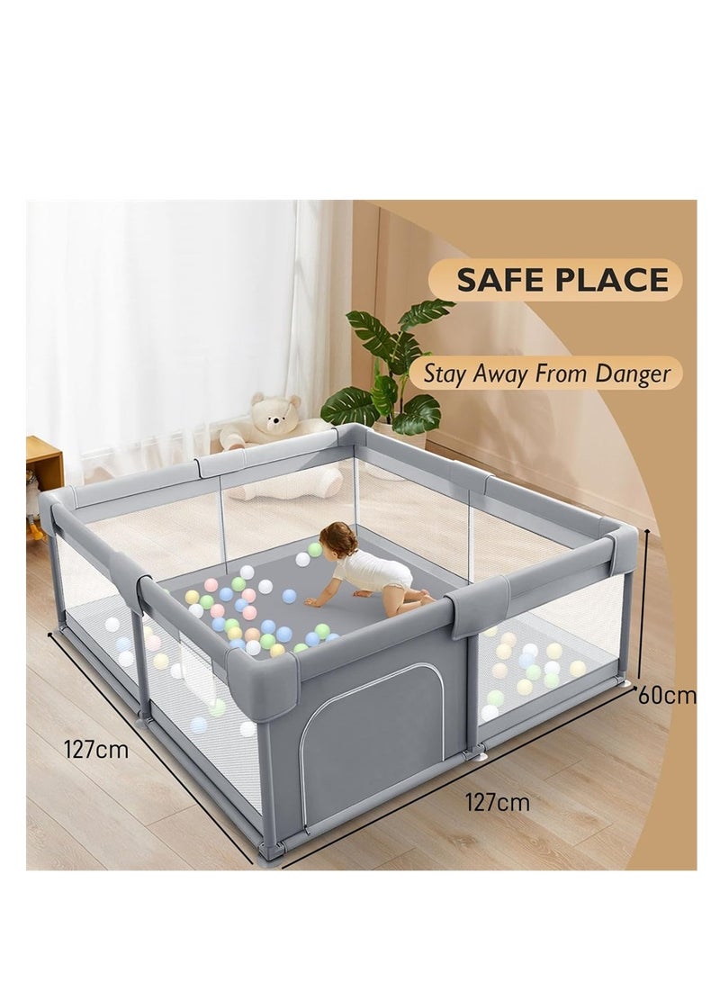 Baby Playpen, Safe Playpen for Babies and Toddlers, Extra Large Baby Playard with Gate, Baby Safe Activity Center, Baby Bumper Foam Playpen wih Breathable Mesh (Grey 127*127cm) - Image 2