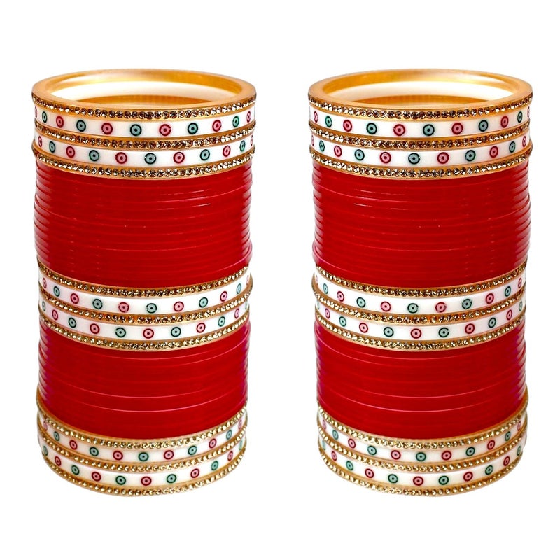 Lucky Jewellery Store مجموعة أساور العروس دهنترس/ديوالي/بهاي دوج مجموعة زفاف تشودا البنجابية مصممة تشورا من المعدن غير الثمين مع حجر CZ باللون الأحمر مجموعة للنساء (792-M1C1-LEENA-R) - Image 1