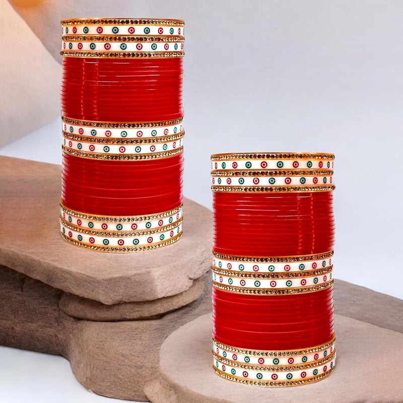 Lucky Jewellery Store مجموعة أساور العروس دهنترس/ديوالي/بهاي دوج مجموعة زفاف تشودا البنجابية مصممة تشورا من المعدن غير الثمين مع حجر CZ باللون الأحمر مجموعة للنساء (792-M1C1-LEENA-R) - Image 2