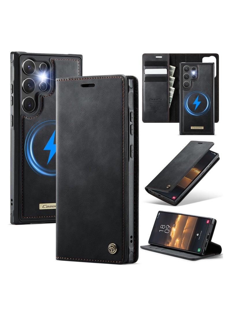 CaseMe Phone Case Cover Luxury PU Leather Design Flip Cover Card Slot Holder Support Magnetic wireless charging Back Cover detachable Compatible with Samsung Galaxy S23 Ultra  ( Black ) - Image 1
