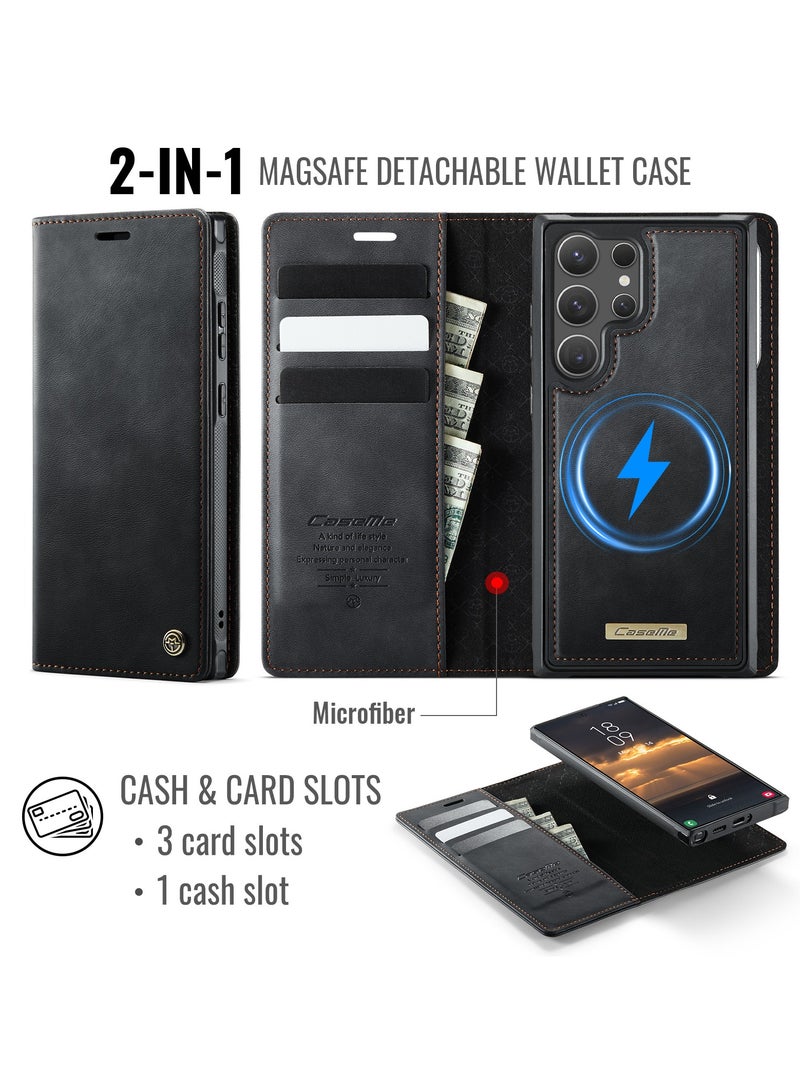 CaseMe Phone Case Cover Luxury PU Leather Design Flip Cover Card Slot Holder Support Magnetic wireless charging Back Cover detachable Compatible with Samsung Galaxy S23 Ultra  ( Black ) - Image 2