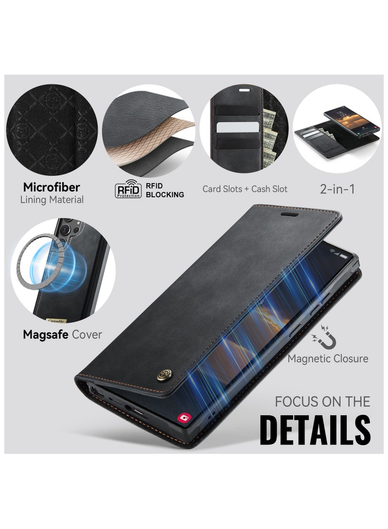 CaseMe Phone Case Cover Luxury PU Leather Design Flip Cover Card Slot Holder Support Magnetic wireless charging Back Cover detachable Compatible with Samsung Galaxy S23 Ultra  ( Black ) - Image 4