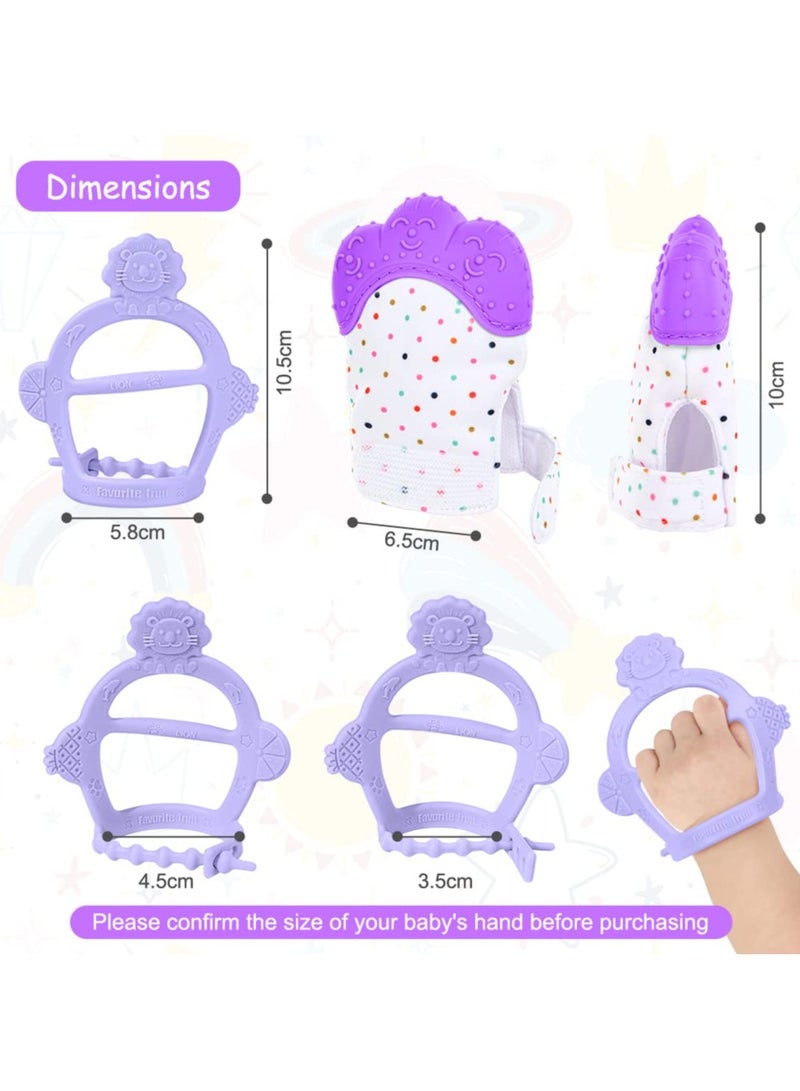 Mr. Penda 2Pcs Silicone Teething Mitten Set, Baby Teething Toy with Lion & Dots Pattern, Toddler Teething Gloves with Adjustable Strap, Crinkle Sound, Self Soothing Baby Chew Toys for Infants (Purple)  - Image 2