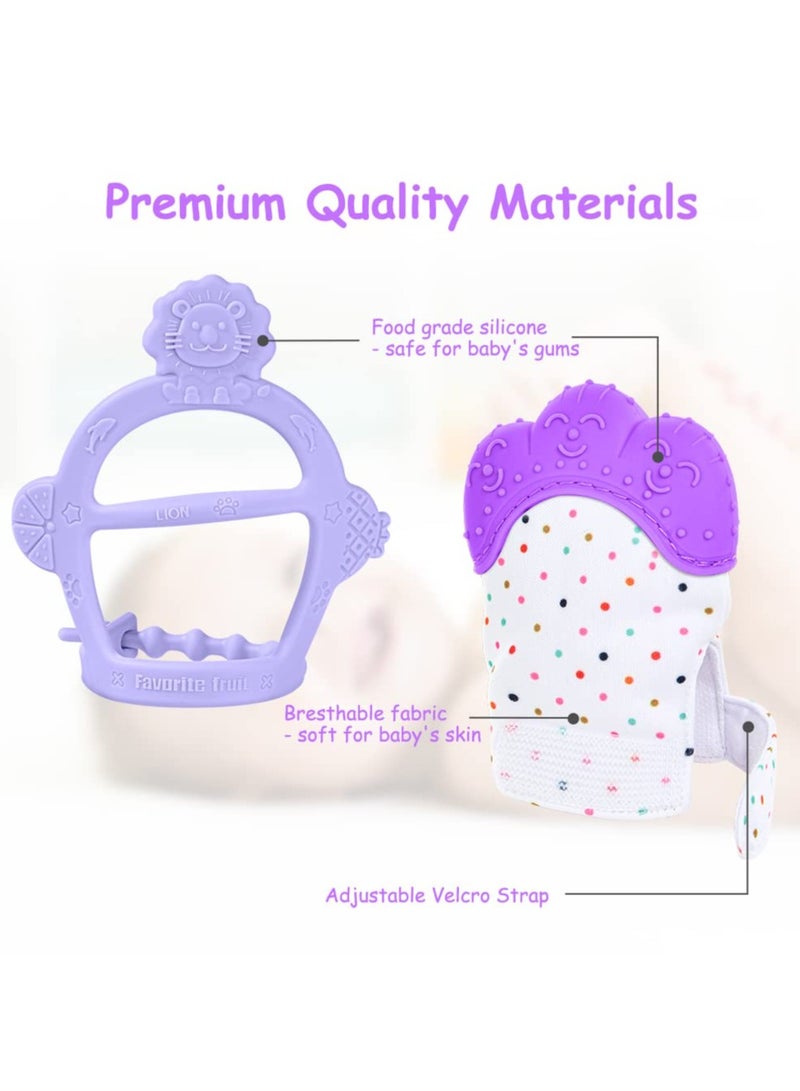 Mr. Penda 2Pcs Silicone Teething Mitten Set, Baby Teething Toy with Lion & Dots Pattern, Toddler Teething Gloves with Adjustable Strap, Crinkle Sound, Self Soothing Baby Chew Toys for Infants (Purple)  - Image 4
