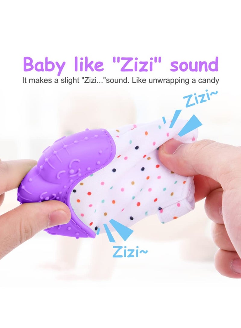Mr. Penda 2Pcs Silicone Teething Mitten Set, Baby Teething Toy with Lion & Dots Pattern, Toddler Teething Gloves with Adjustable Strap, Crinkle Sound, Self Soothing Baby Chew Toys for Infants (Purple)  - Image 5