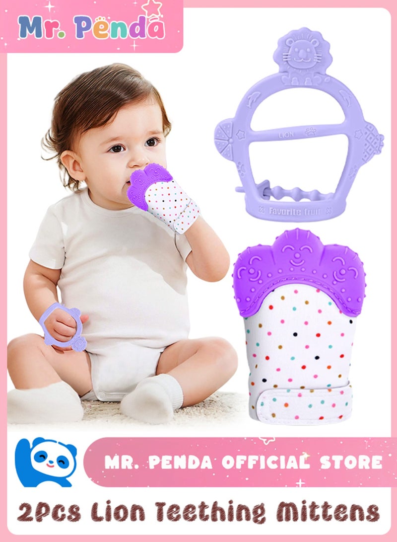Mr. Penda 2Pcs Silicone Teething Mitten Set, Baby Teething Toy with Lion & Dots Pattern, Toddler Teething Gloves with Adjustable Strap, Crinkle Sound, Self Soothing Baby Chew Toys for Infants (Purple)  - Image 1