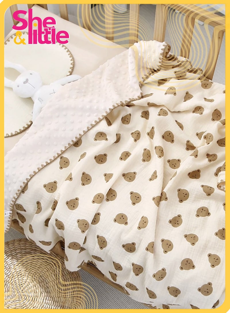 She&Little Baby Neutral Muslin Thick Blanket, Double Layer Soft Crib Blanket, Multi-Purpose Baby Blanket, Bear Pattern, Cozy and Warm (100x100cm) - Image 1