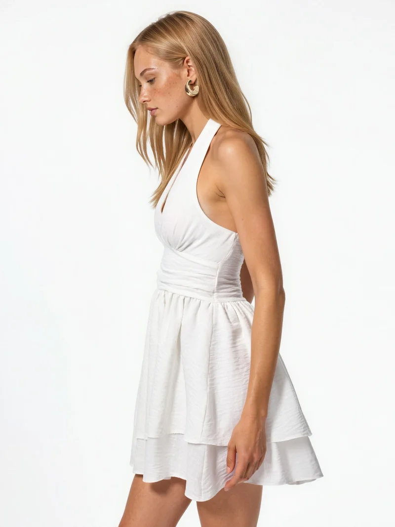 Hiccup White Halter Neck Ruffled Mini Dress for Women | Best Price UAE