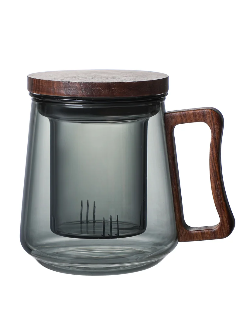 1Chase Borosilicate Glass Mug With Infuser, Walnut Lid and Handle 500 ML Smokey Grey