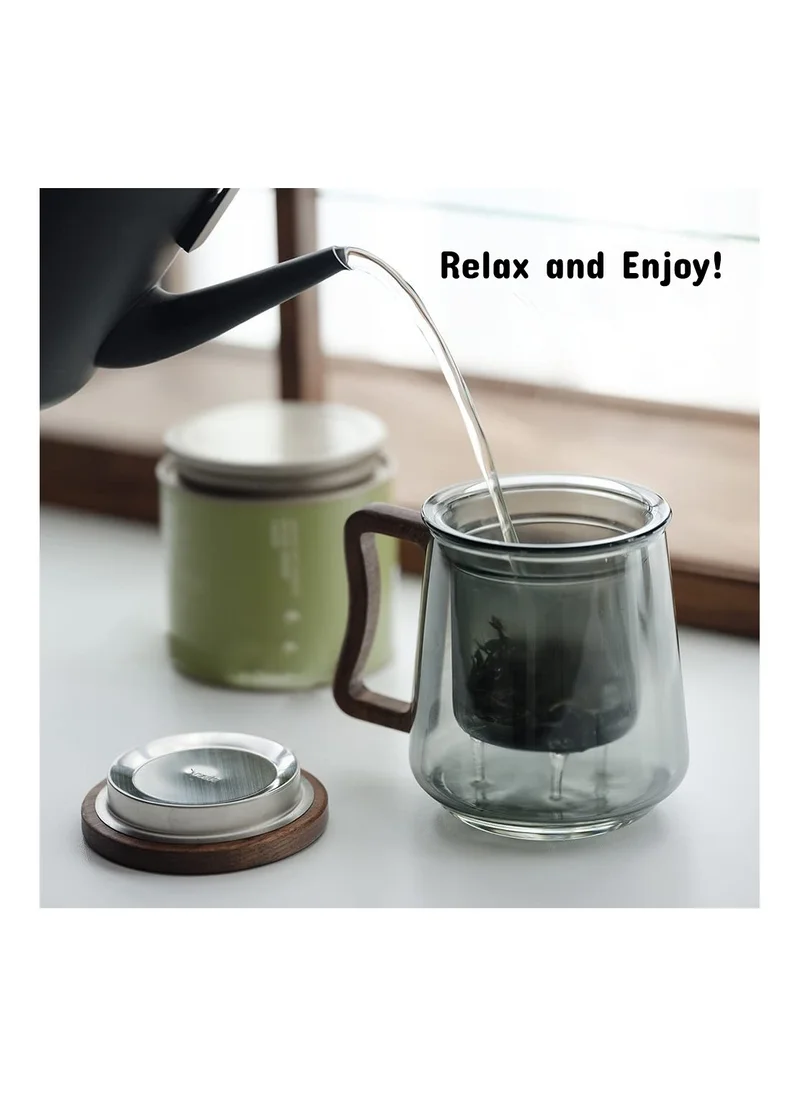 1Chase Borosilicate Glass Mug With Infuser, Walnut Lid and Handle 500 ML Smokey Grey