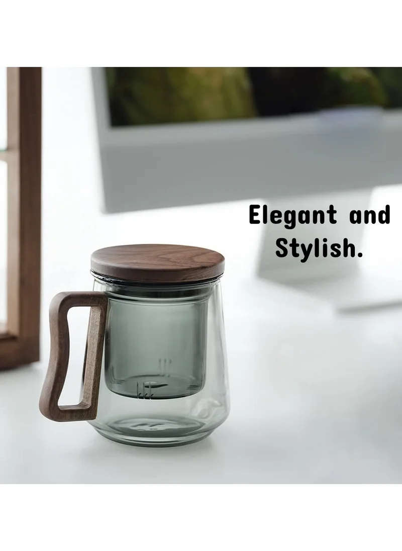 1Chase Borosilicate Glass Mug With Infuser, Walnut Lid and Handle 500 ML Smokey Grey