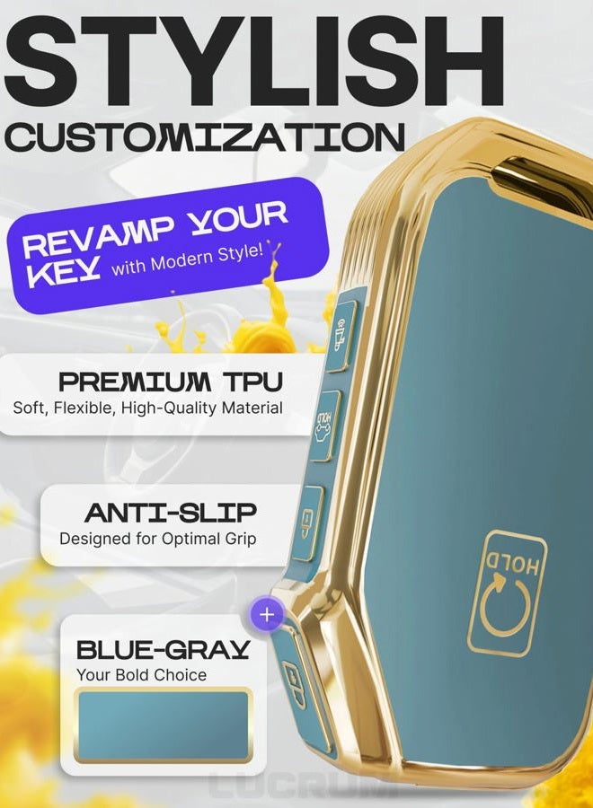 Lucrum for Kia Key Fob Cover and Leather Keychain - Full Cover Key Case for Kia Sportage, Soul, Forte, Telluride, EV6, Niro, K5, Stinger - 2018-2023 TPU Keyfob Cover - Blue and Gold - Image 3