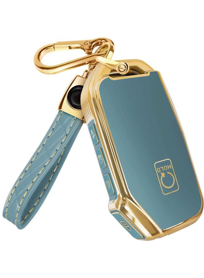 Lucrum for Kia Key Fob Cover and Leather Keychain - Full Cover Key Case for Kia Sportage, Soul, Forte, Telluride, EV6, Niro, K5, Stinger - 2018-2023 TPU Keyfob Cover - Blue and Gold - Image 1