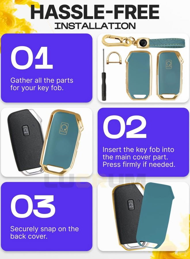Lucrum for Kia Key Fob Cover and Leather Keychain - Full Cover Key Case for Kia Sportage, Soul, Forte, Telluride, EV6, Niro, K5, Stinger - 2018-2023 TPU Keyfob Cover - Blue and Gold - Image 5