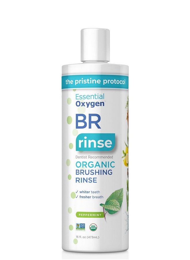 Essential Oxygen Certified Br Organic Brushing Rinse All Natural Mouthwash For Whiter Teeth Fresher Breath And Happier Gums Alcoholfree Oral Care Peppermint 16 Ounce Package May Vary  - Image 1
