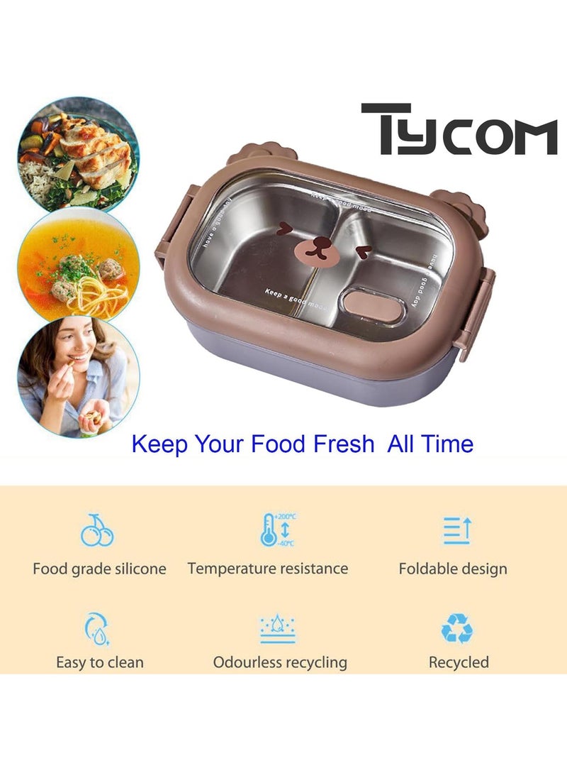 TYCOM Stainless Steel Lunch Box for Kid School Insulated Bento Lunch Box 2 Compartment Divided Lunch Containers with Lids Leakproof BFA Free Dishwasher Safe Brown and Blue.  - Image 2
