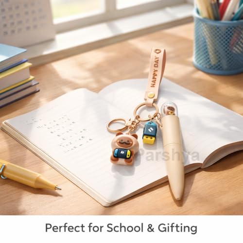 Parshya Cute Cartoon Animal Gel Pen with Keychain | Bear Keychain & Mini Calculator Charm | Smooth Writing Cute Pen Set for Kids Girls Students | Kawaii Stationery Gift for School & Office - Image 4