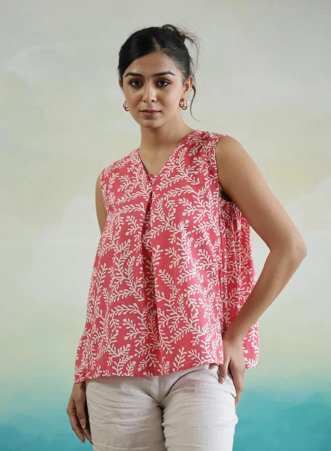 sanskrutihomes Sanskrutihomes Floral Print V-Neck Sleeveless Cotton Top
