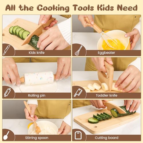 LUOLAO Wooden Kids Safe Knife and Kids Baking Set for Real Cooking 6 PCS Toddler Montessori Kitchen Tools Cooking and Baking for Little Chefs - Image 5