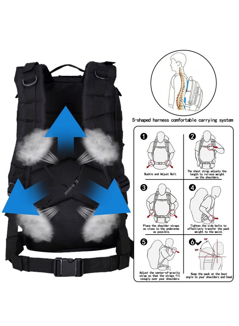 حقيبة ظهر تكتيكية عسكرية 35 لتر ، حقيبة ظهر للتخييم لمسافات طويلة للرجال والنساء ، أسود - Image 3