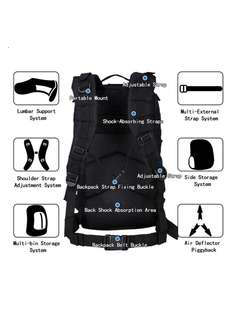 حقيبة ظهر تكتيكية عسكرية 35 لتر ، حقيبة ظهر للتخييم لمسافات طويلة للرجال والنساء ، أسود - Image 4