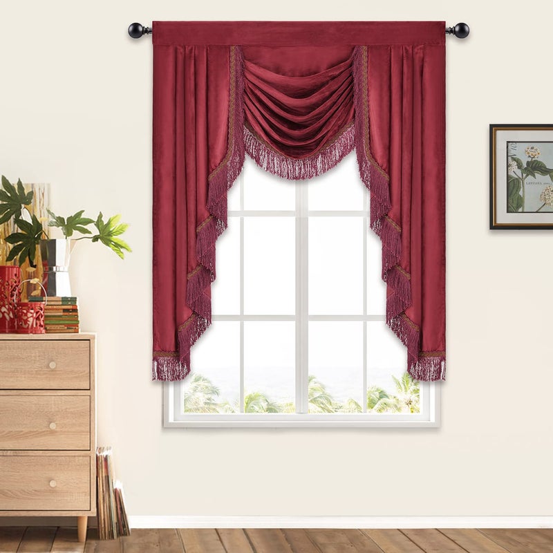 NAPEARL Premium Velvet Valance Curtains for Living Room, Super Soft Waterfall Valance with Tassels for Windows, Burgundy Red Swag for Bedroom, 41-Inch Wide - Image 2