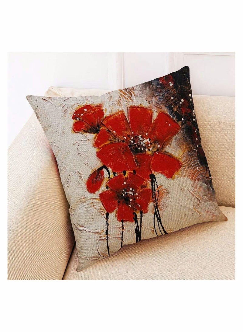 Red Flower Boho Throw Pillow Covers - Set of 4, 18x18 Inches Linen Square Cushion Cases for Living Room, Sofa, Couch, and Bedroom Decor - Decorative Pillowcases for Home Décor - Image 5