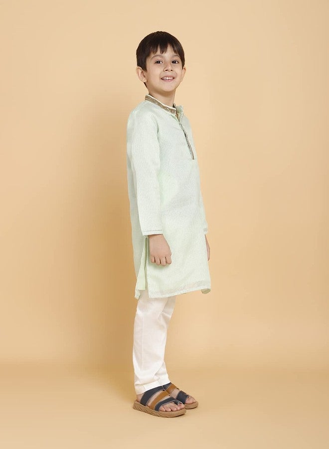 PICCOLO Green kurta With lace and Pyjama Set Kota Boy's Ethnic Kurta Pyjama Set, 4-5Years - Image 3