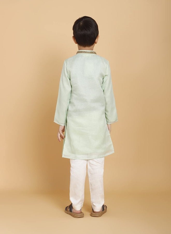 PICCOLO Green kurta With lace and Pyjama Set Kota Boy's Ethnic Kurta Pyjama Set, 4-5Years - Image 4