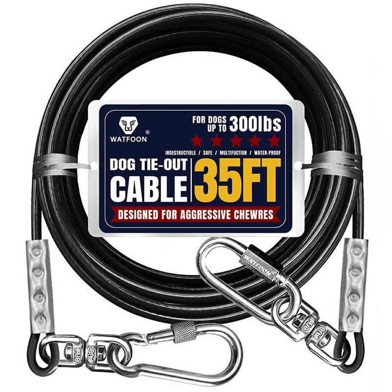 WATFOON Tie Out Cable for Dogs Up to 300lbs,35ft Extra Strong 1000lbs Break Strength Tie-Out Tether Trolley Training Lead,Dog Run Cable for Yard Garden Park Camping Outside (Black, 300lbs 35ft) - Image 1