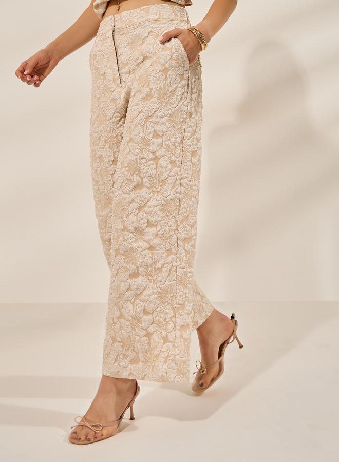 Styli Beige Jacquard Wide Leg Trousers - Image 3