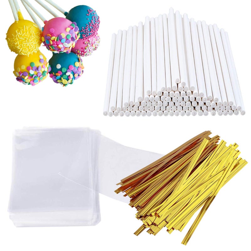 AENTGIU 300 PCS Cake Pop Sticks and Wrappers Kit Including 100ct 6inch Paper Lollipop Sticks 100ct Clear Candy Treat Bags Parcel 100ct Gold Twist Ties for Cakepop Lollipop Hard Candy Suckers Chocolate