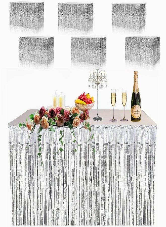 ANTFEES 6 Pack Metallic Foil Fringe Tinsel Table Skirt, antfees 29.5''x108'' Disposable Party Table Skirt Banner for Rectangle Tables, Wedding, Birthday, Parade Floats, Party Decoration (Silver) - Image 1